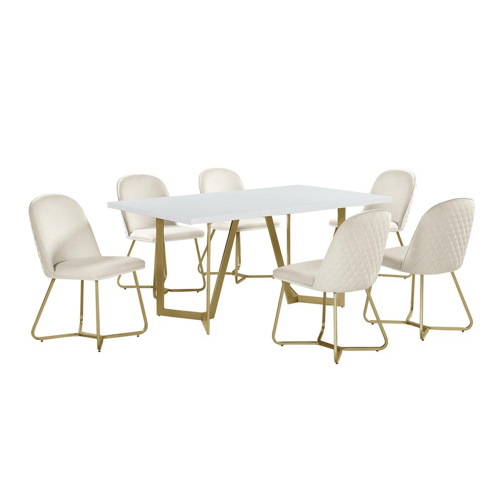 7pc rectangle dining table- White wood top w/ 6 cream velvet side chairs. Picture 1