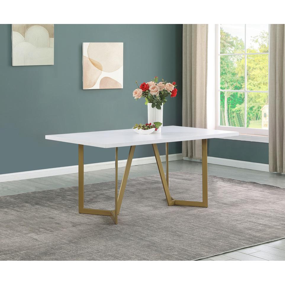 White wood top rectangle dining table w/ gold color base. Picture 2