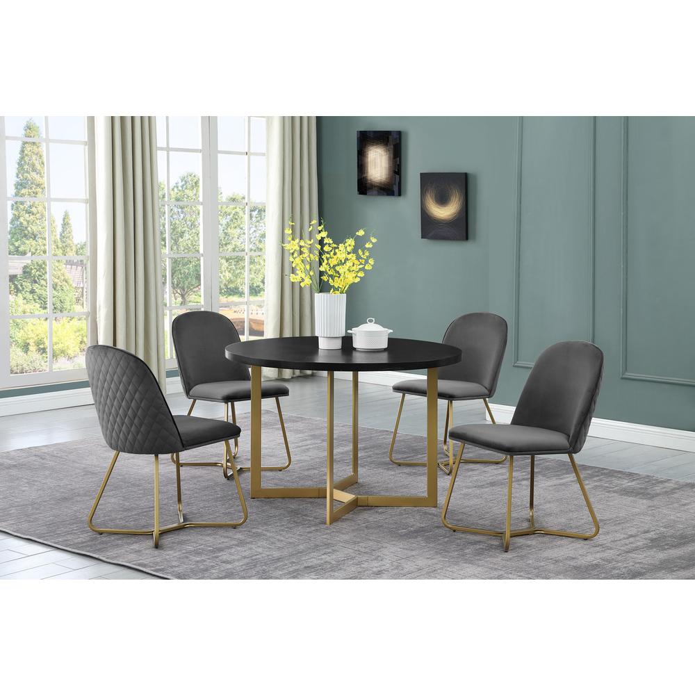 5pc round dining set- Black wood table w/ gold base and 4 Dark Grey color side chairs. Picture 5