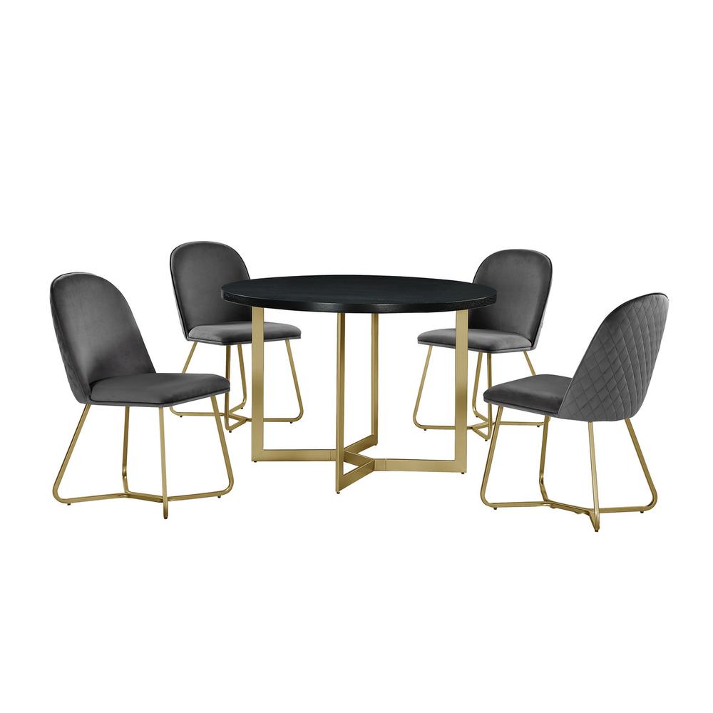 5pc round dining set- Black wood table w/ gold base and 4 Dark Grey color side chairs. Picture 1