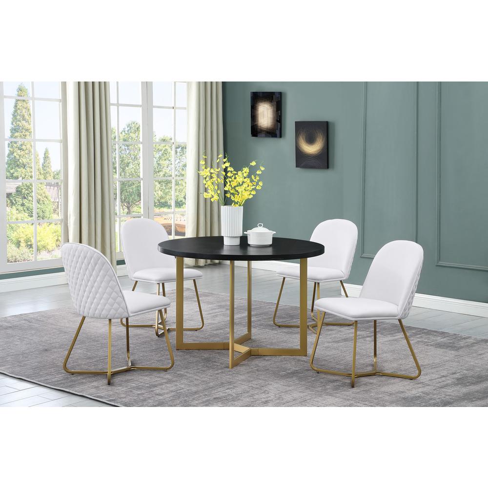 5pc round dining set- Black wood table w/ gold base and 4 White faux leather side chairs. Picture 5