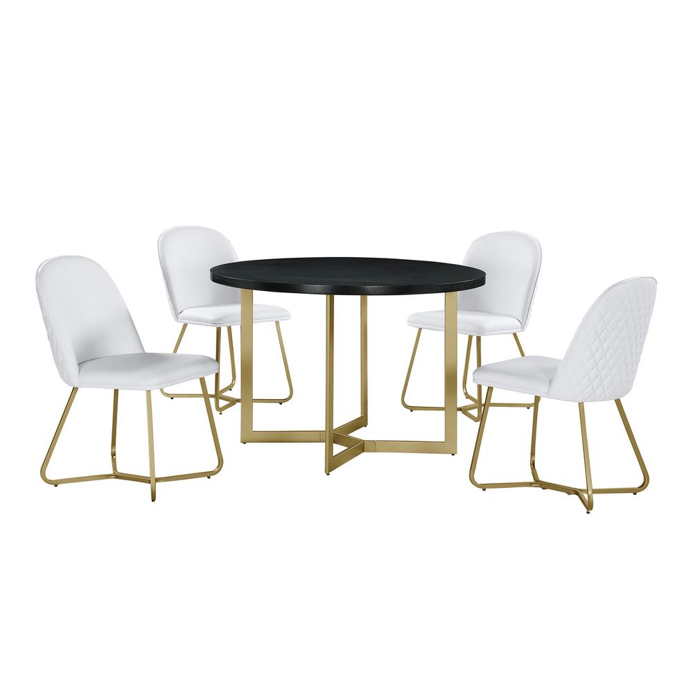 5pc round dining set- Black wood table w/ gold base and 4 White faux leather side chairs. Picture 1