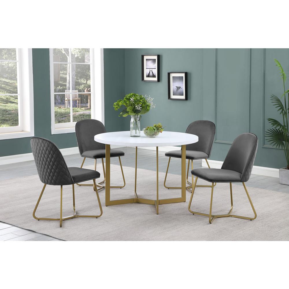 5pc round dining set- White wood table w/ gold base and 4 Dark grey velvet side chairs. Picture 5