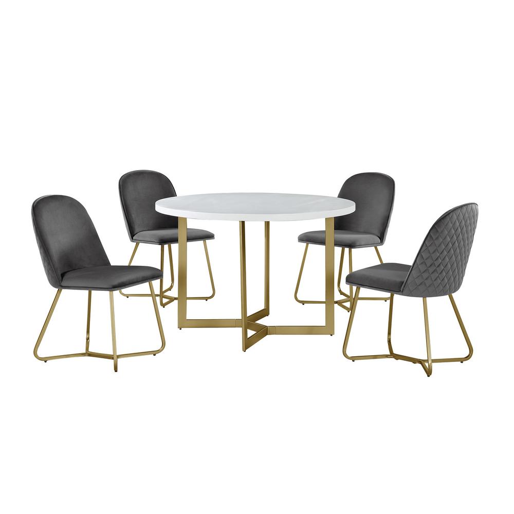 5pc round dining set- White wood table w/ gold base and 4 Dark grey velvet side chairs. Picture 1