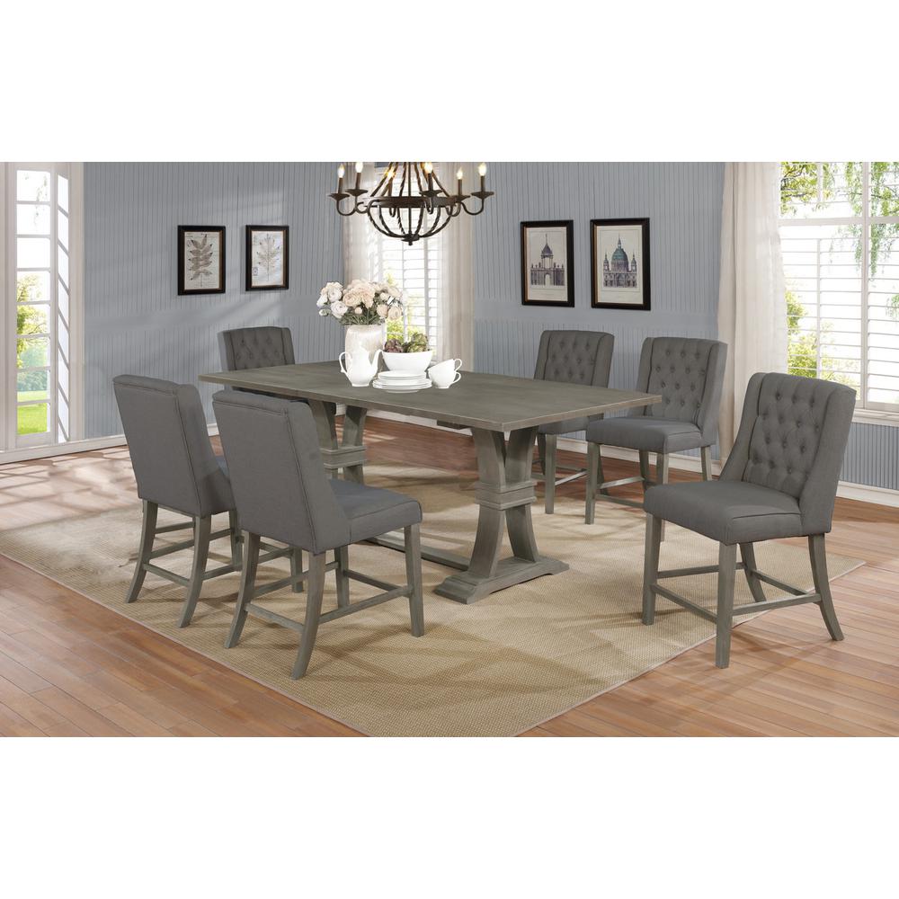 7 piece Counter Height set Rustic Finish with Gray linen fabric chairs. Picture 1