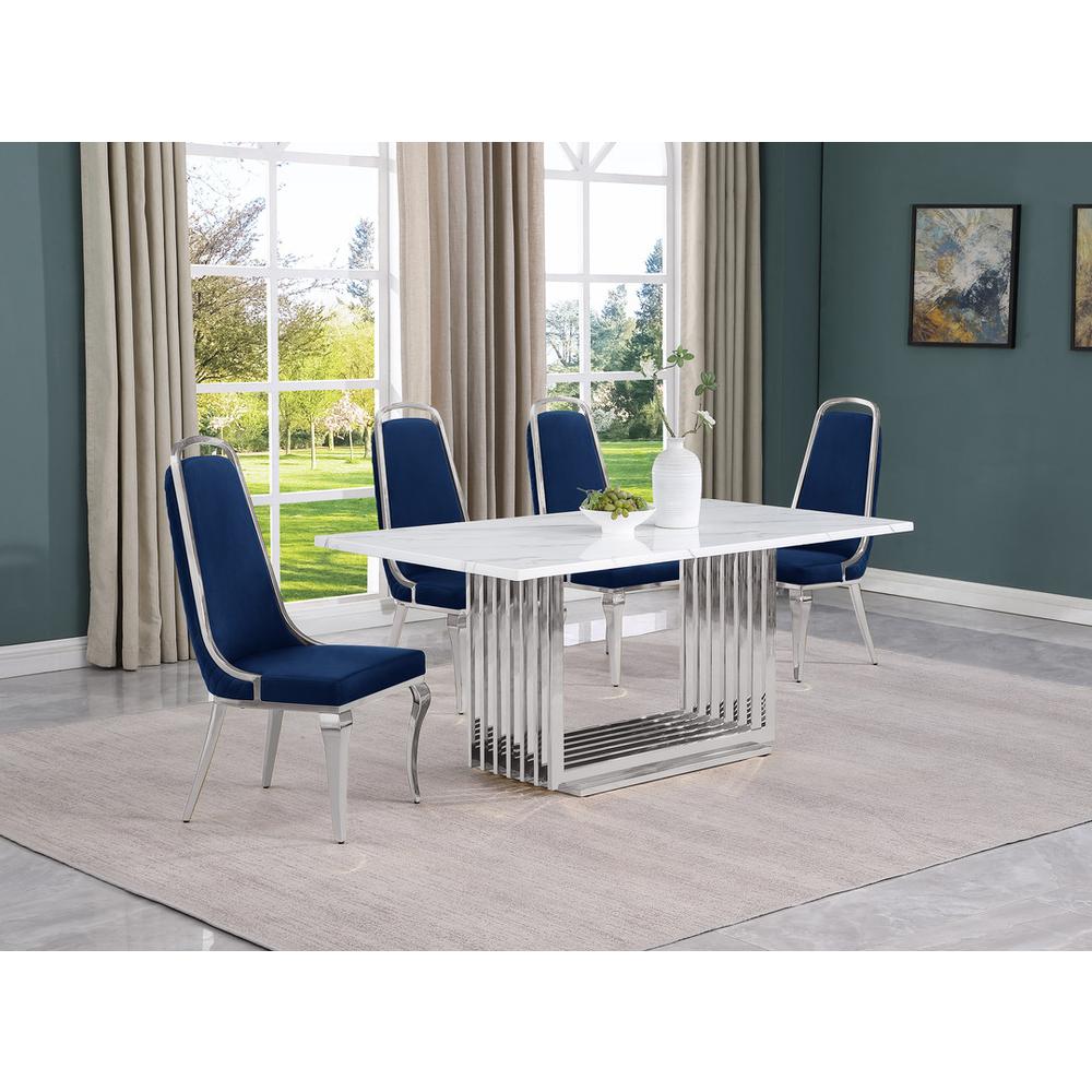 5pc Small(68") marble top dining set with silver base and 4 Navy Blue chairs. Picture 5