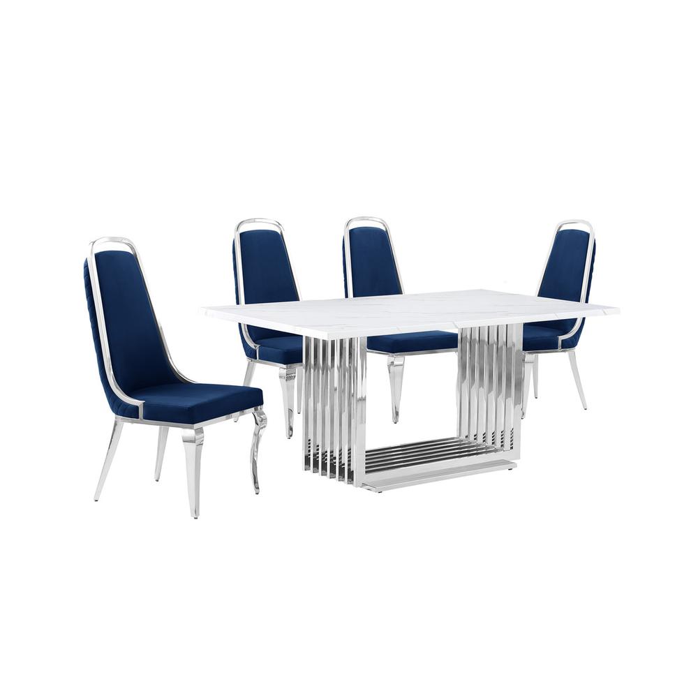 5pc Small(68") marble top dining set with silver base and 4 Navy Blue chairs. Picture 1