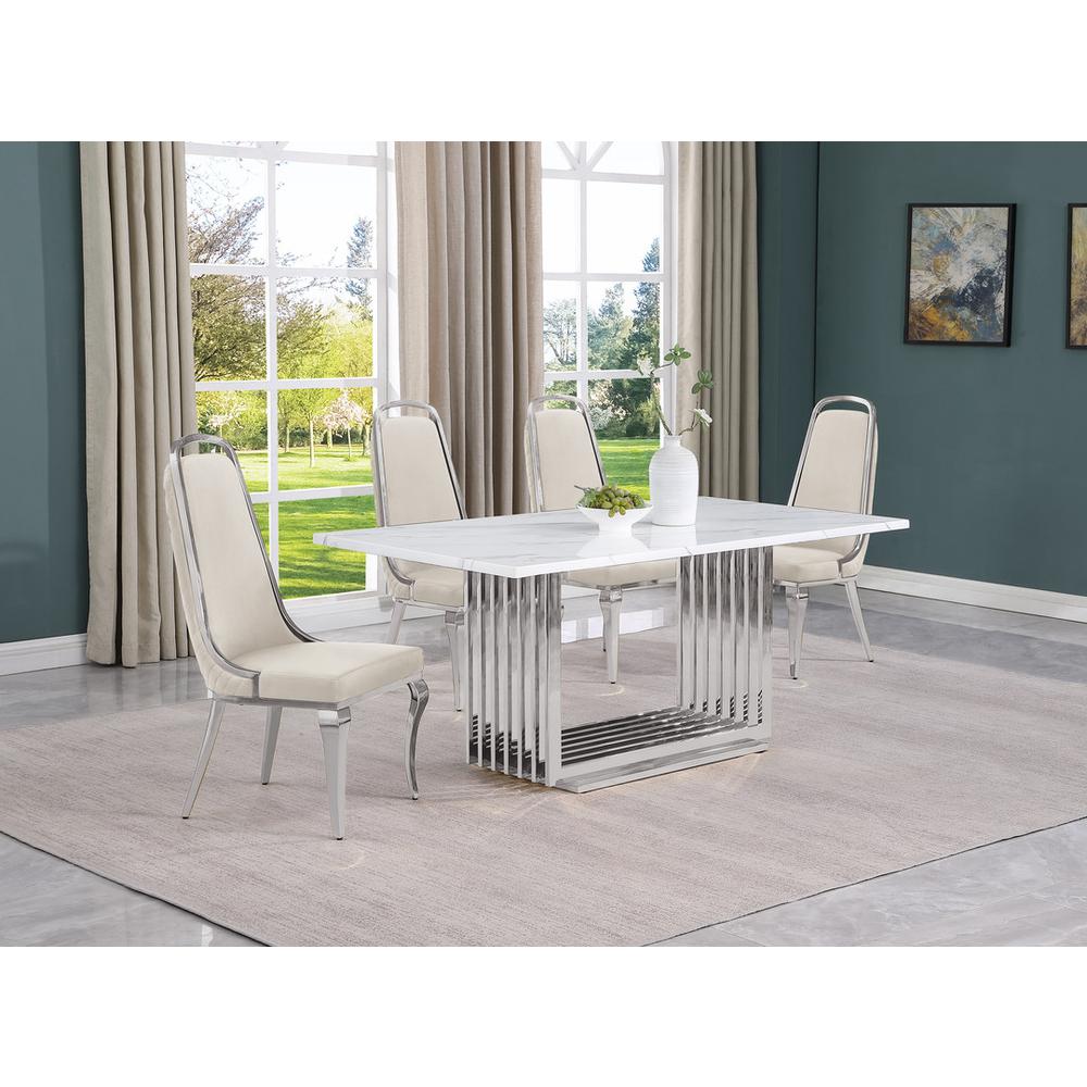 5pc Small(68") marble top dining set with silver base and 4 Cream side chairs. Picture 5