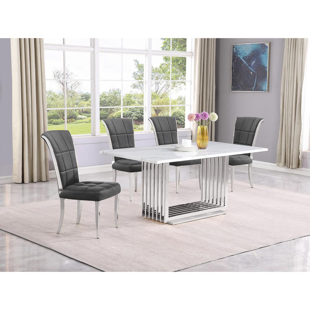 5pc Small(68") marble top dining set with silver base and 4 Dark grey chairs. Picture 5