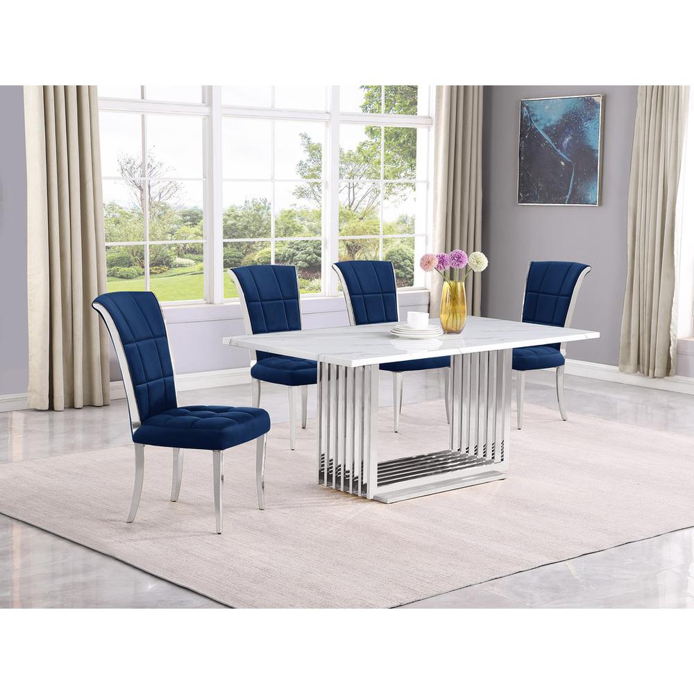 5pc Small(68") marble top dining set with silver base and 4 Navy Blue chairs. Picture 5