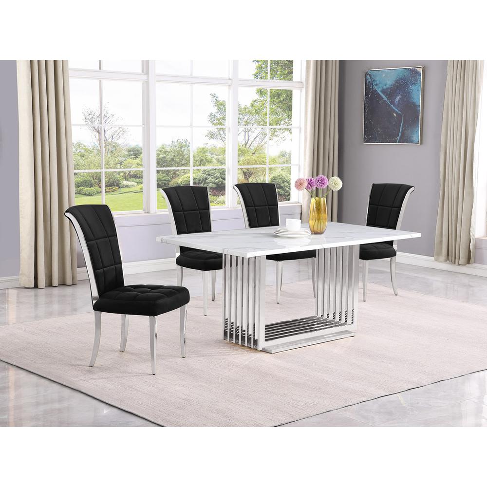5pc Small(68") marble top dining set with silver base and 4 Black side chairs. Picture 5