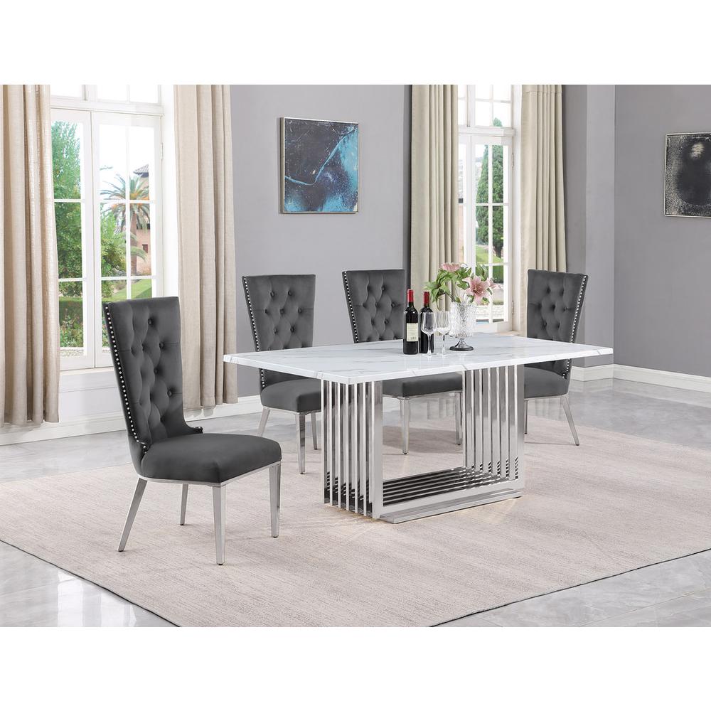 5pc Small(68") marble top dining set with silver base and 4 Dark grey chairs. Picture 5