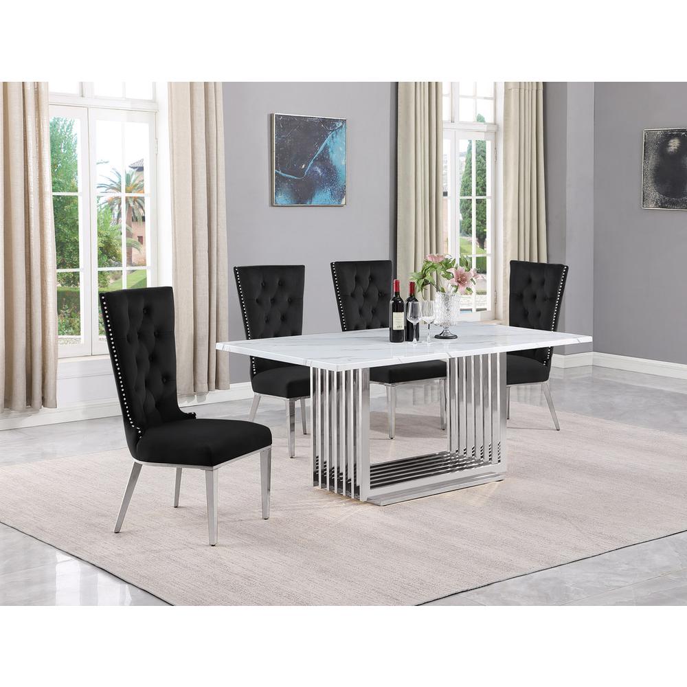5pc Small(68") marble top dining set with silver base and 4 Black side chairs. Picture 5