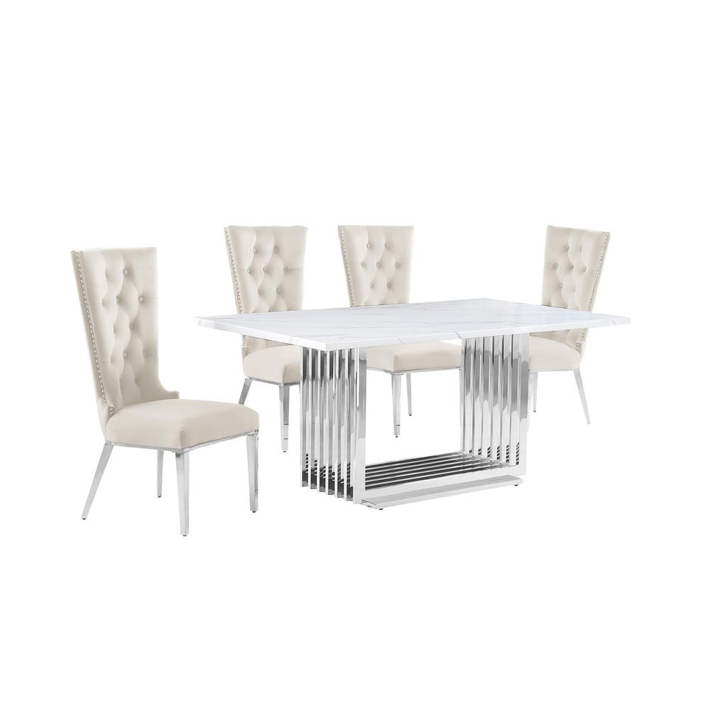 5pc Small(68") marble top dining set with silver base and 4 Cream side chairs. Picture 1
