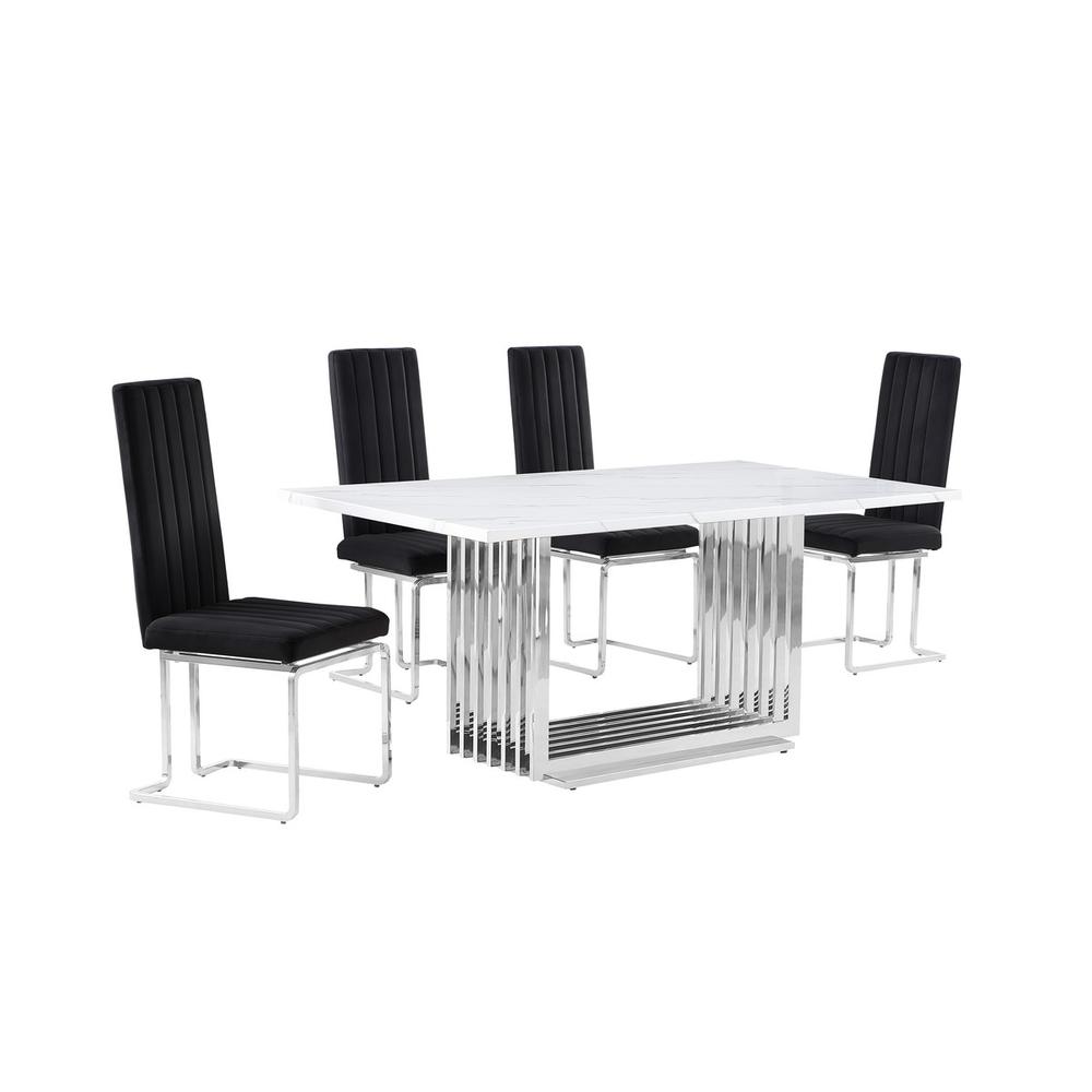 5pc Small(68") marble top dining set with silver base and 4 Black side chairs. Picture 1