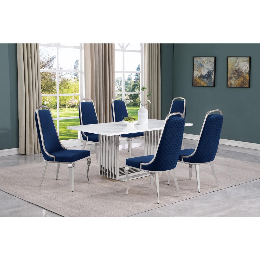 7pc Small(68") marble top dining set with silver base and 6 Navy Blue chairs. Picture 5