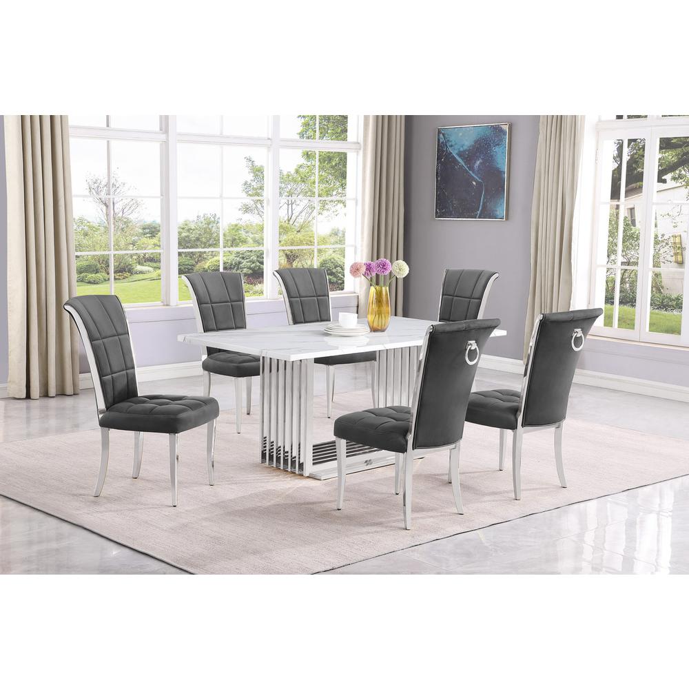 7pc Small(68") marble top dining set with silver base and 6 Dark grey chairs. Picture 5