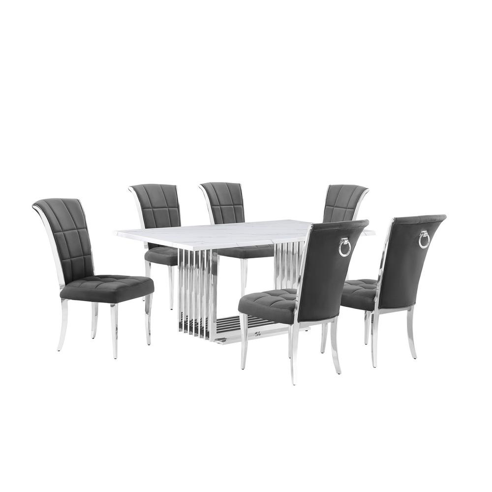 7pc Small(68") marble top dining set with silver base and 6 Dark grey chairs. Picture 1