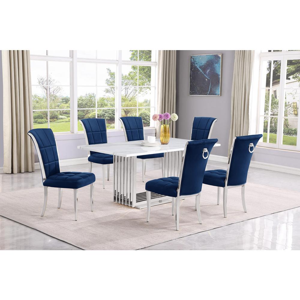 7pc Small(68") marble top dining set with silver base and 6 Navy Blue chairs. Picture 5