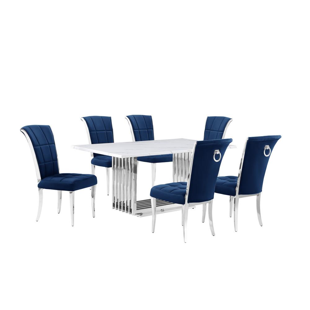 7pc Small(68") marble top dining set with silver base and 6 Navy Blue chairs. Picture 1