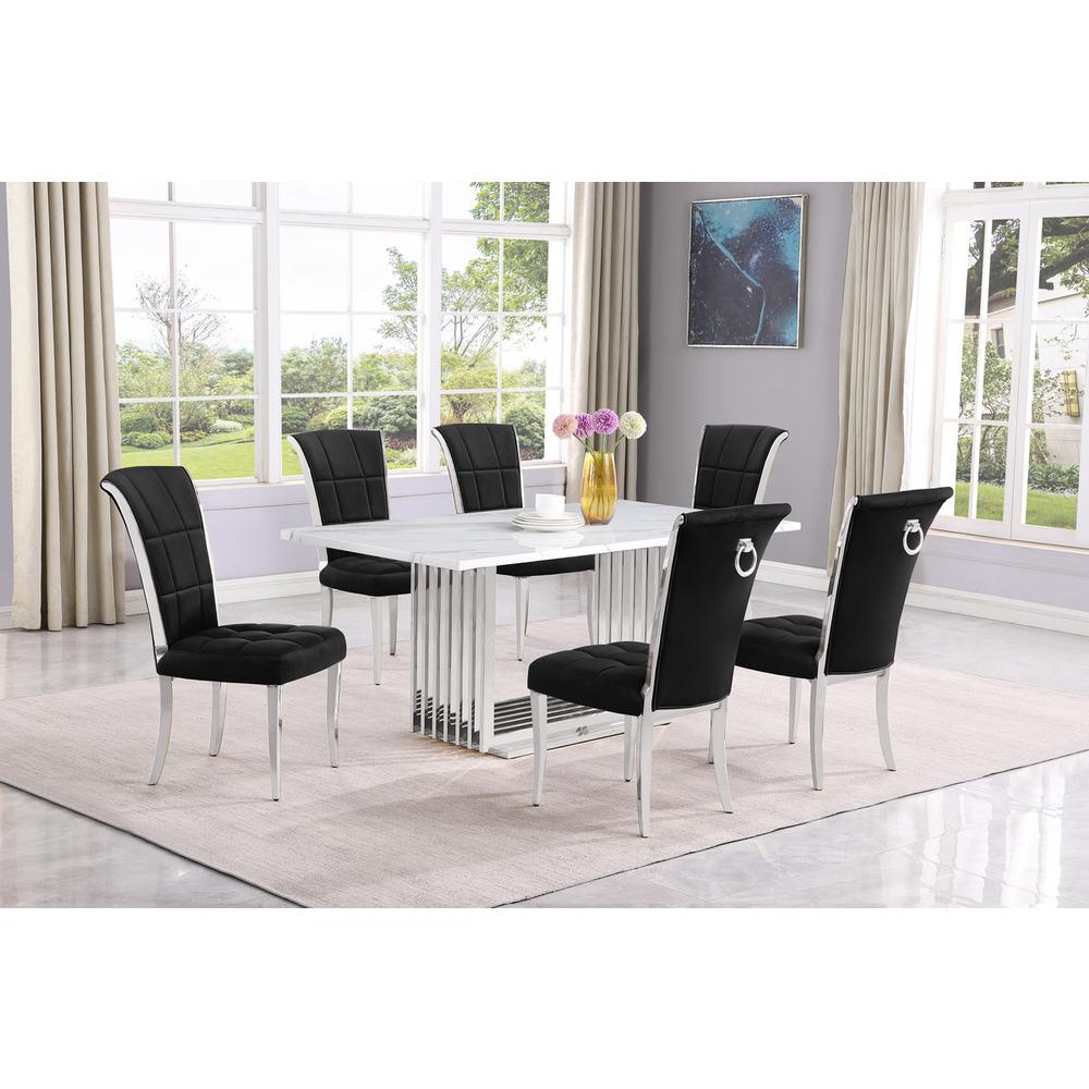 7pc Small(68") marble top dining set with silver base and 6 Black side chairs. Picture 5
