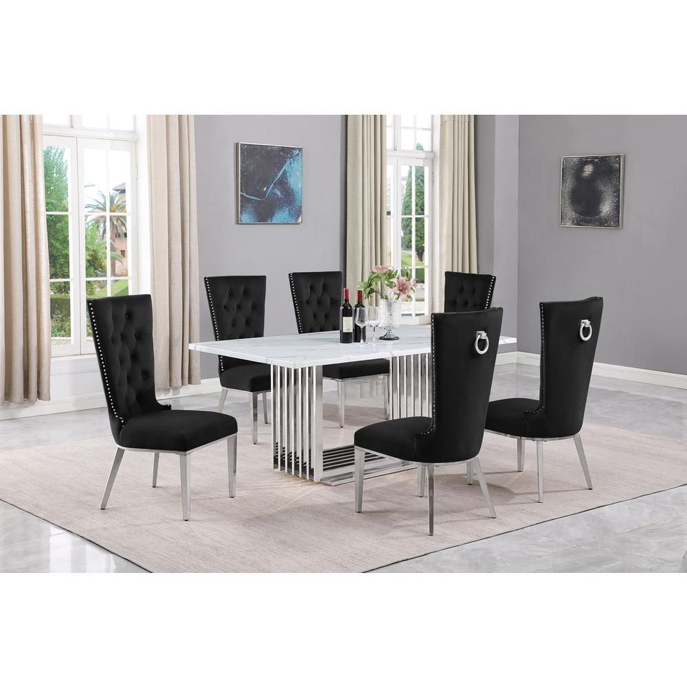 7pc Small(68") marble top dining set with silver base and 6 Black side chairs. Picture 5