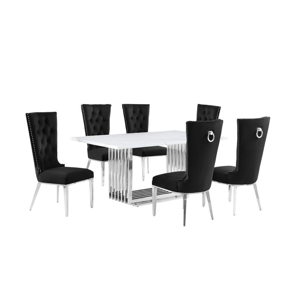 7pc Small(68") marble top dining set with silver base and 6 Black side chairs. Picture 1