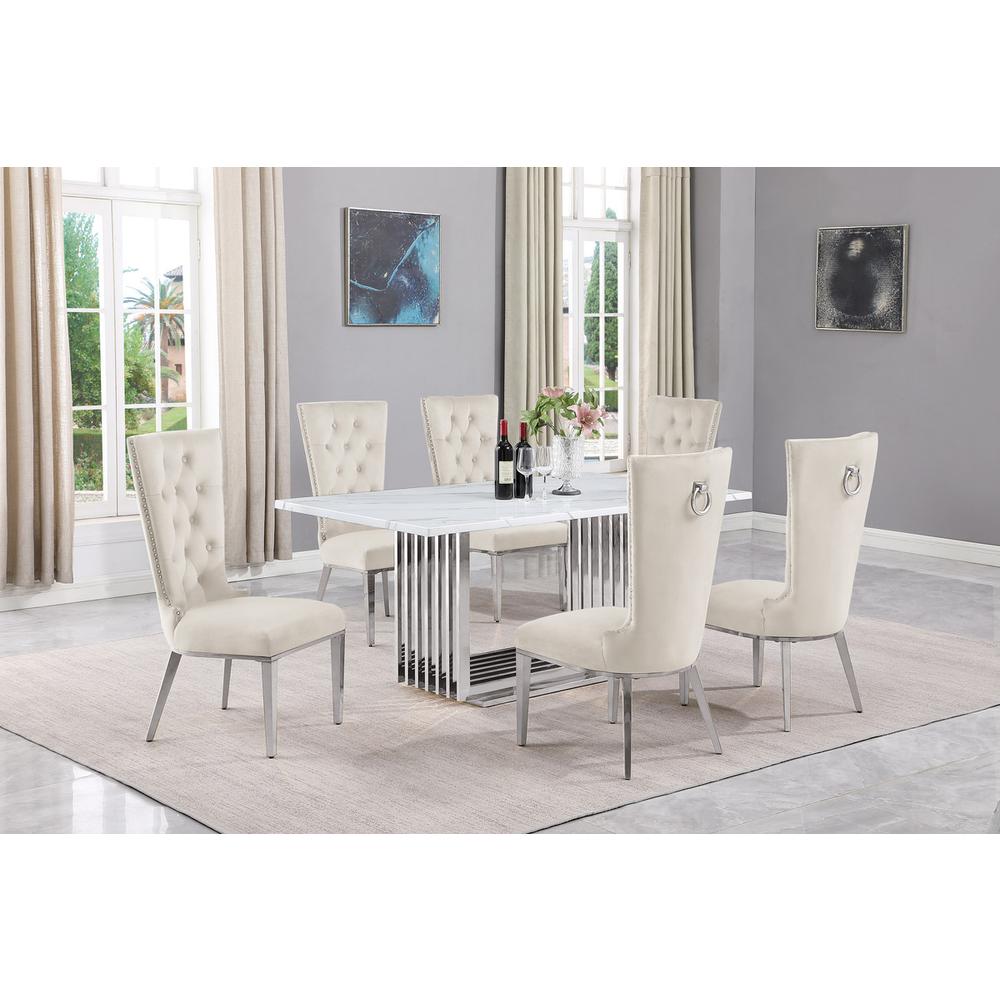 7pc Small(68") marble top dining set with silver base and 6 Cream side chairs. Picture 5