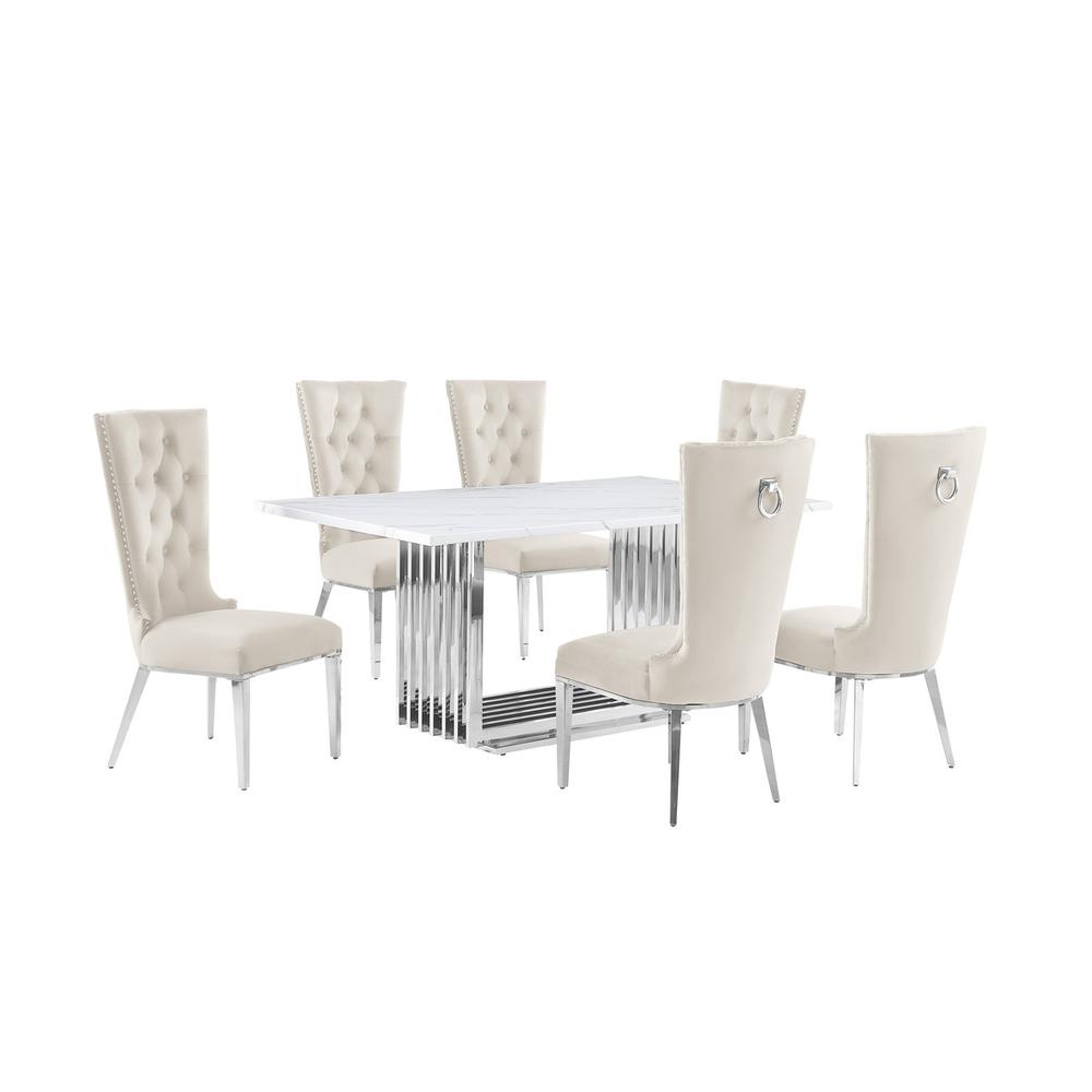 7pc Small(68") marble top dining set with silver base and 6 Cream side chairs. Picture 1