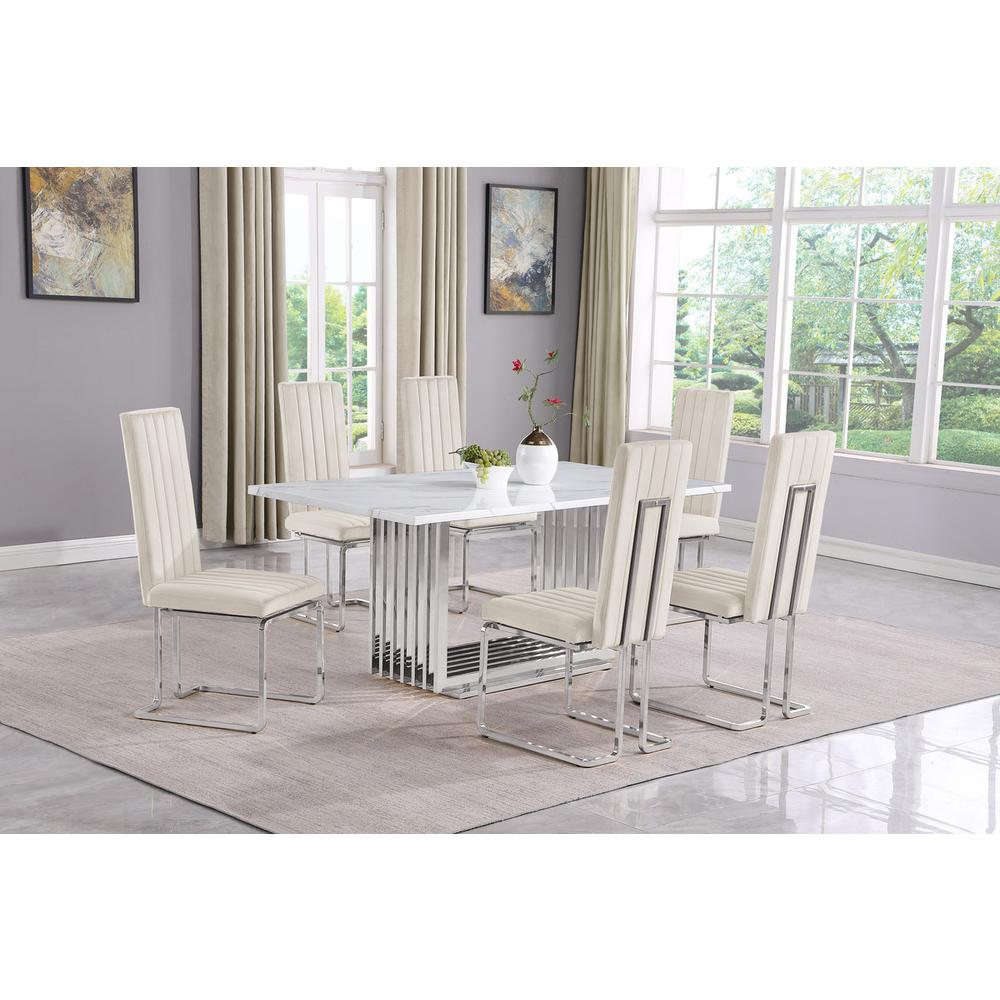 7pc Small(68") marble top dining set with silver base and 6 Cream side chairs. Picture 5