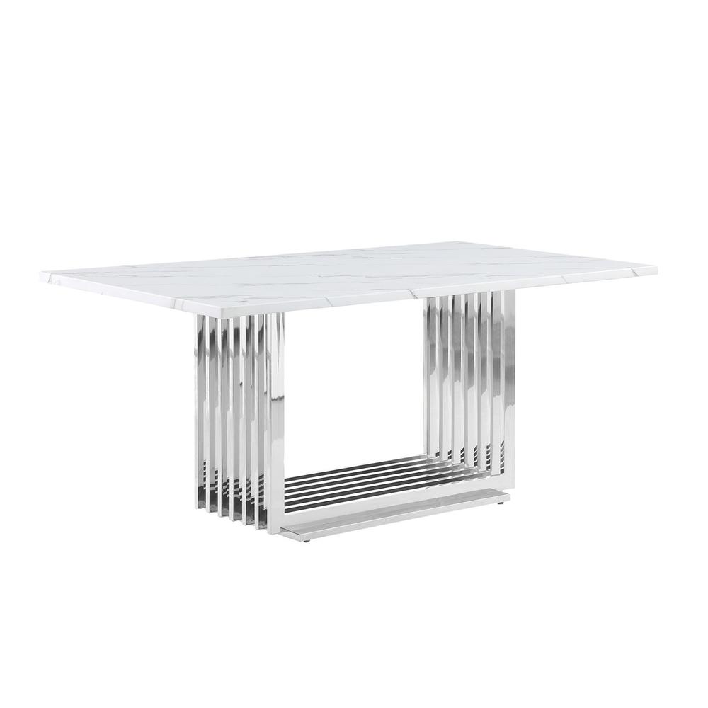 68" White marble table with a silver color base. Picture 1