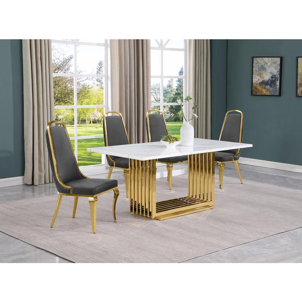 5pc Small(68") marble top dining set with gold base and 4 Dark grey side chairs. Picture 5