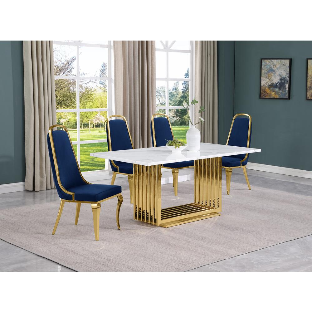 5pc Small(68") marble top dining set with gold base and 4 Navy Blue side chairs. Picture 5