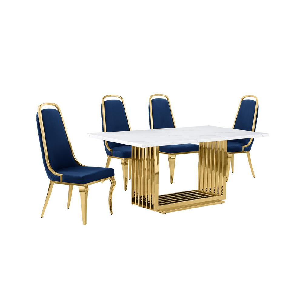 5pc Small(68") marble top dining set with gold base and 4 Navy Blue side chairs. Picture 1