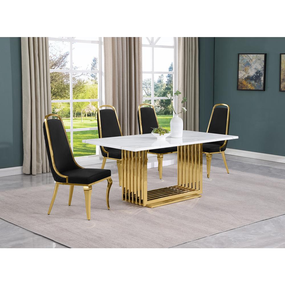5pc Small(68") marble top dining set with gold base and 4 Black side chairs. Picture 5