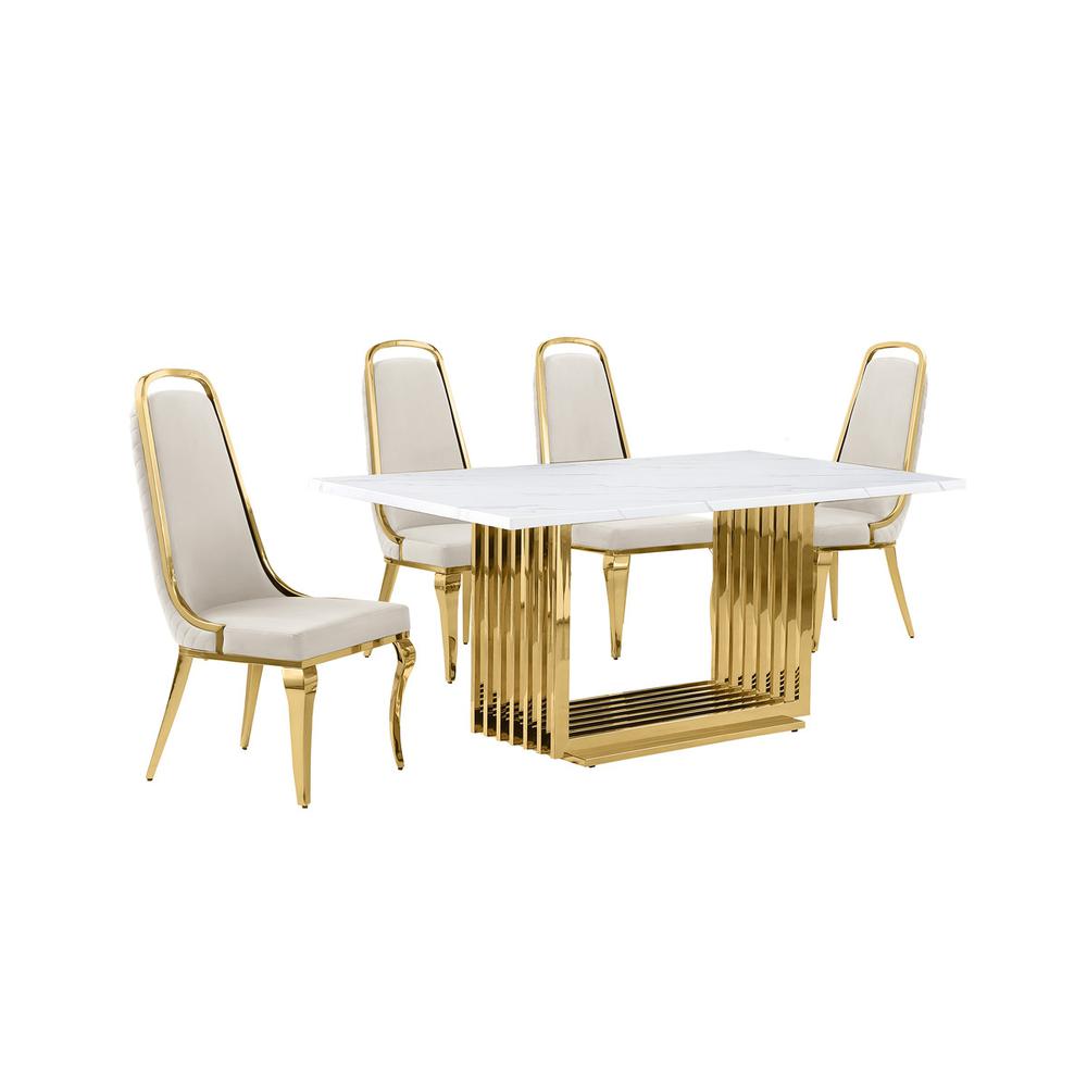 5pc Small(68") marble top dining set with gold base and 4 Cream side chairs. Picture 1