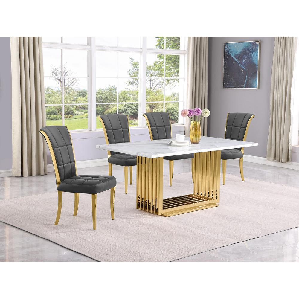 5pc Small(68") marble top dining set with gold base and 4 Dark grey side chairs. Picture 5