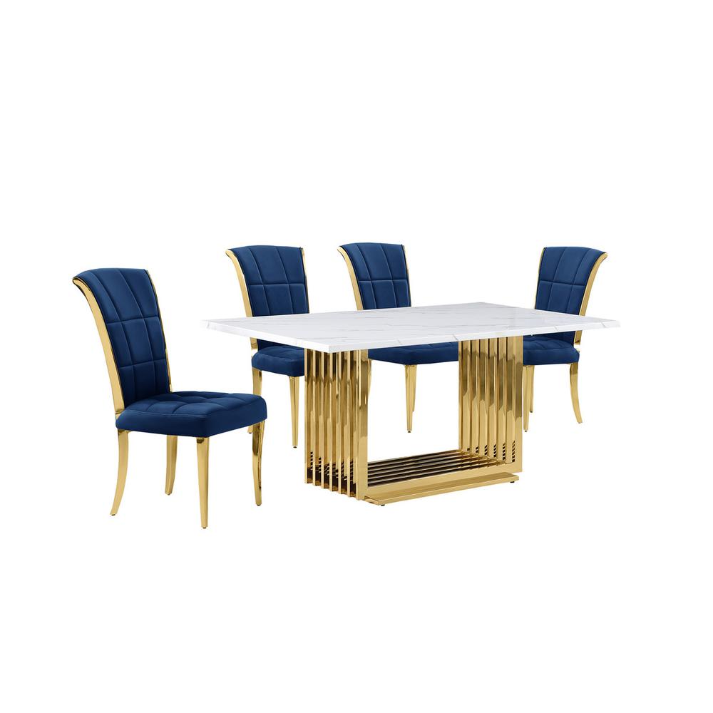 5pc Small(68") marble top dining set with gold base and 4 Navy Blue side chairs. Picture 1