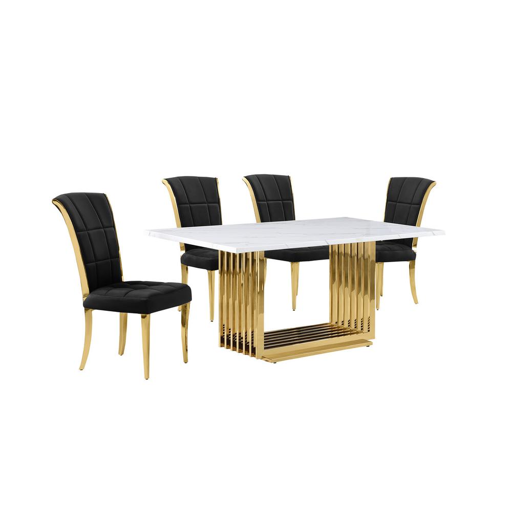 5pc Small(68") marble top dining set with gold base and 4 Black side chairs. Picture 1