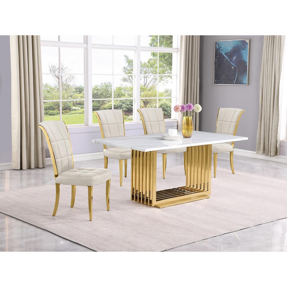 5pc Small(68") marble top dining set with gold base and 4 Cream side chairs. Picture 5