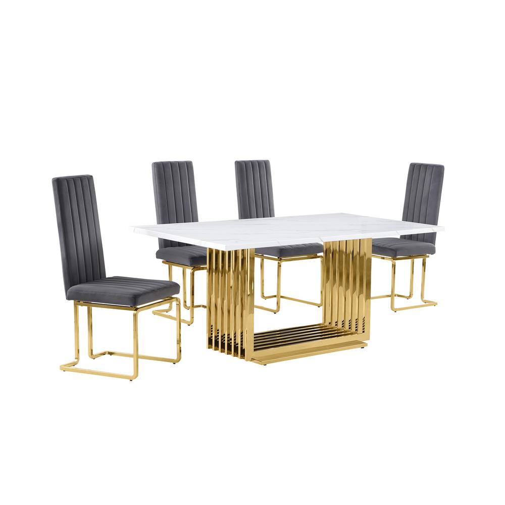 5pc Small(68") marble top dining set with gold base and 4 Dark grey side chairs. Picture 1