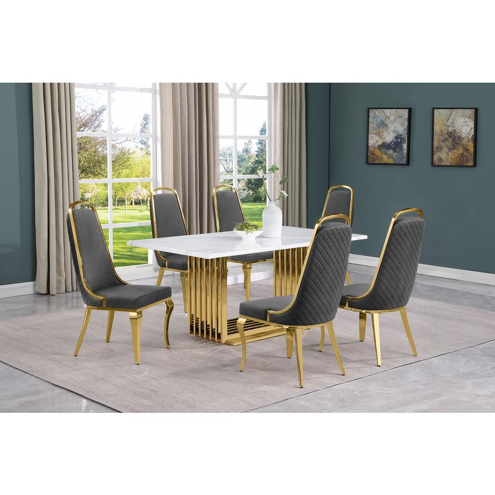7pc Small(68") marble top dining set with gold base and 6 Dark grey side chairs. Picture 5