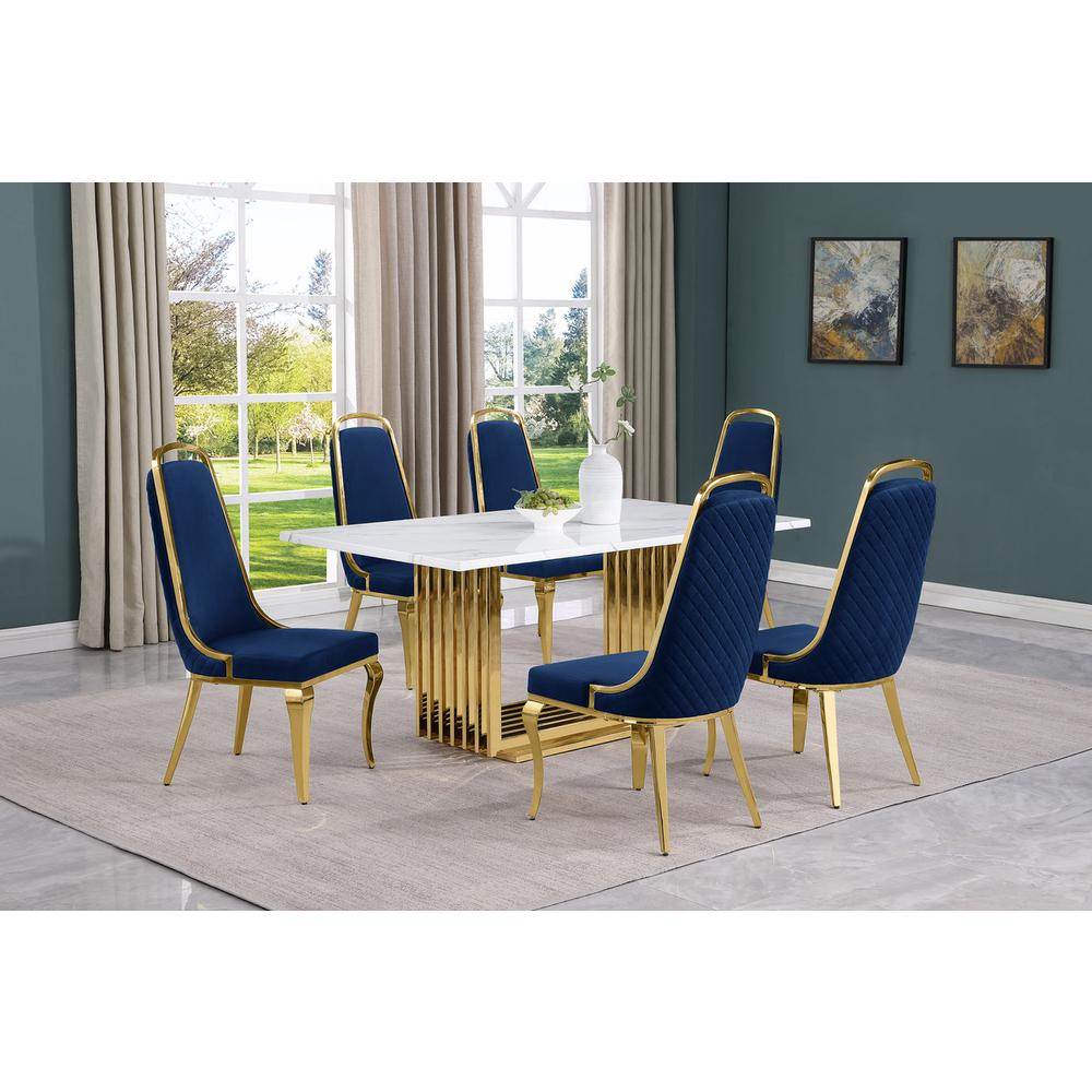 7pc Small(68") marble top dining set with gold base and 6 Navy Blue side chairs. Picture 5