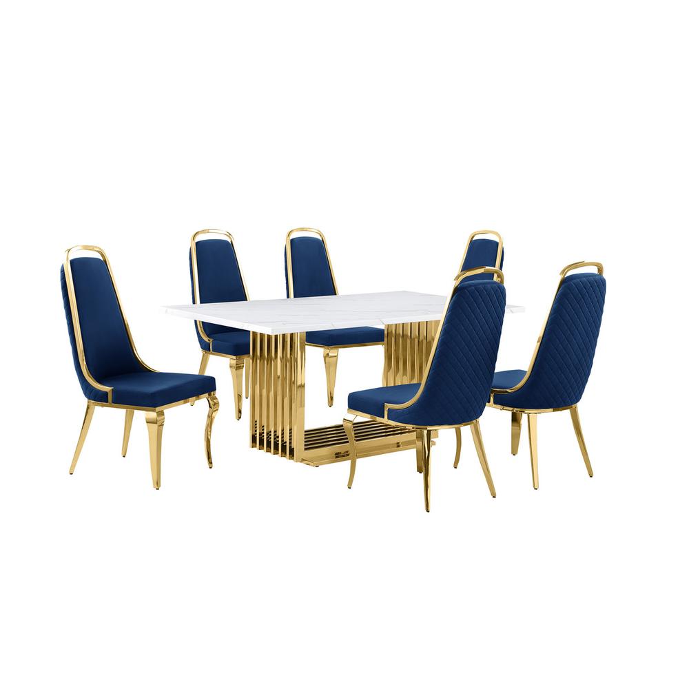 7pc Small(68") marble top dining set with gold base and 6 Navy Blue side chairs. Picture 1