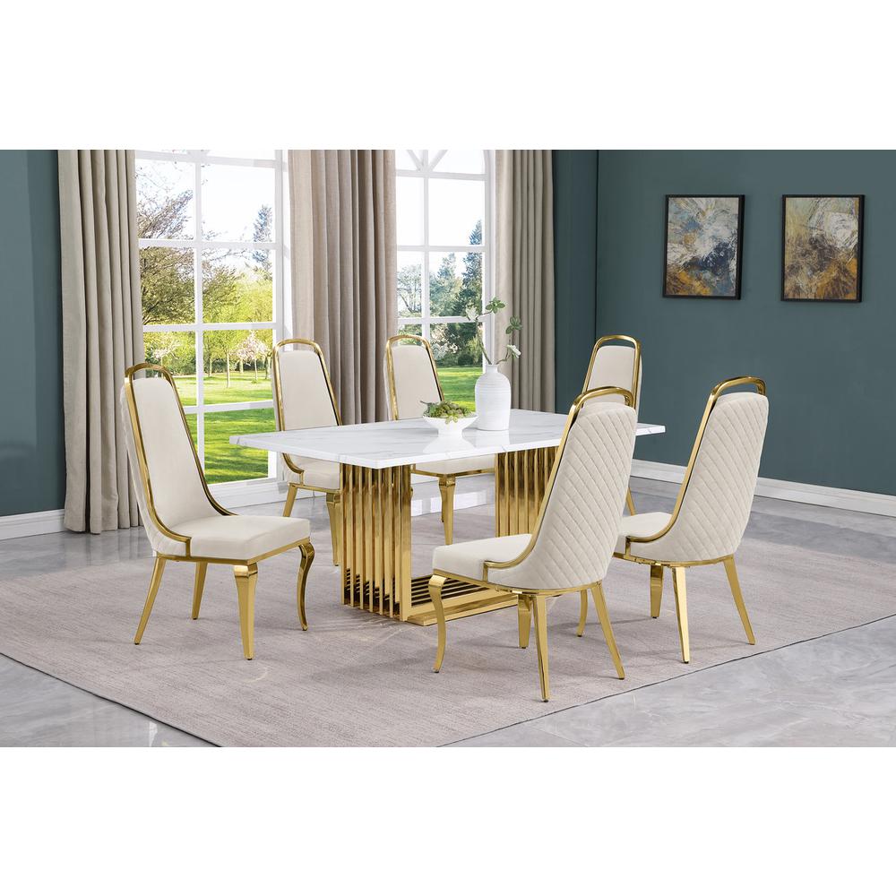 7pc Small(68") marble top dining set with gold base and 6 Cream side chairs. Picture 5