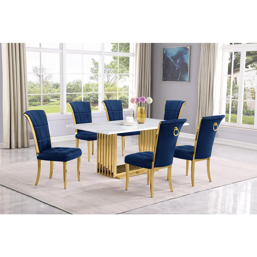 7pc Small(68") marble top dining set with gold base and 6 Navy Blue side chairs. Picture 5