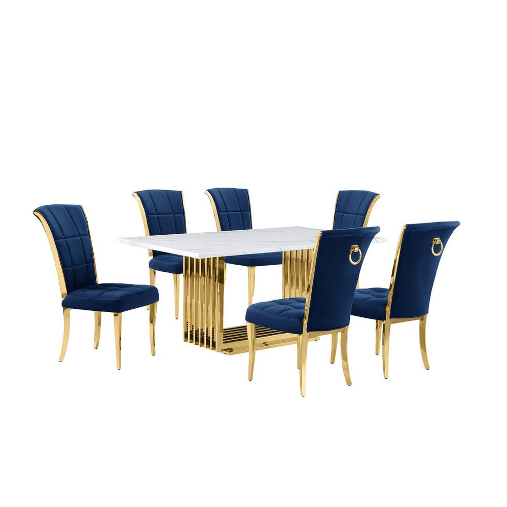 7pc Small(68") marble top dining set with gold base and 6 Navy Blue side chairs. Picture 1