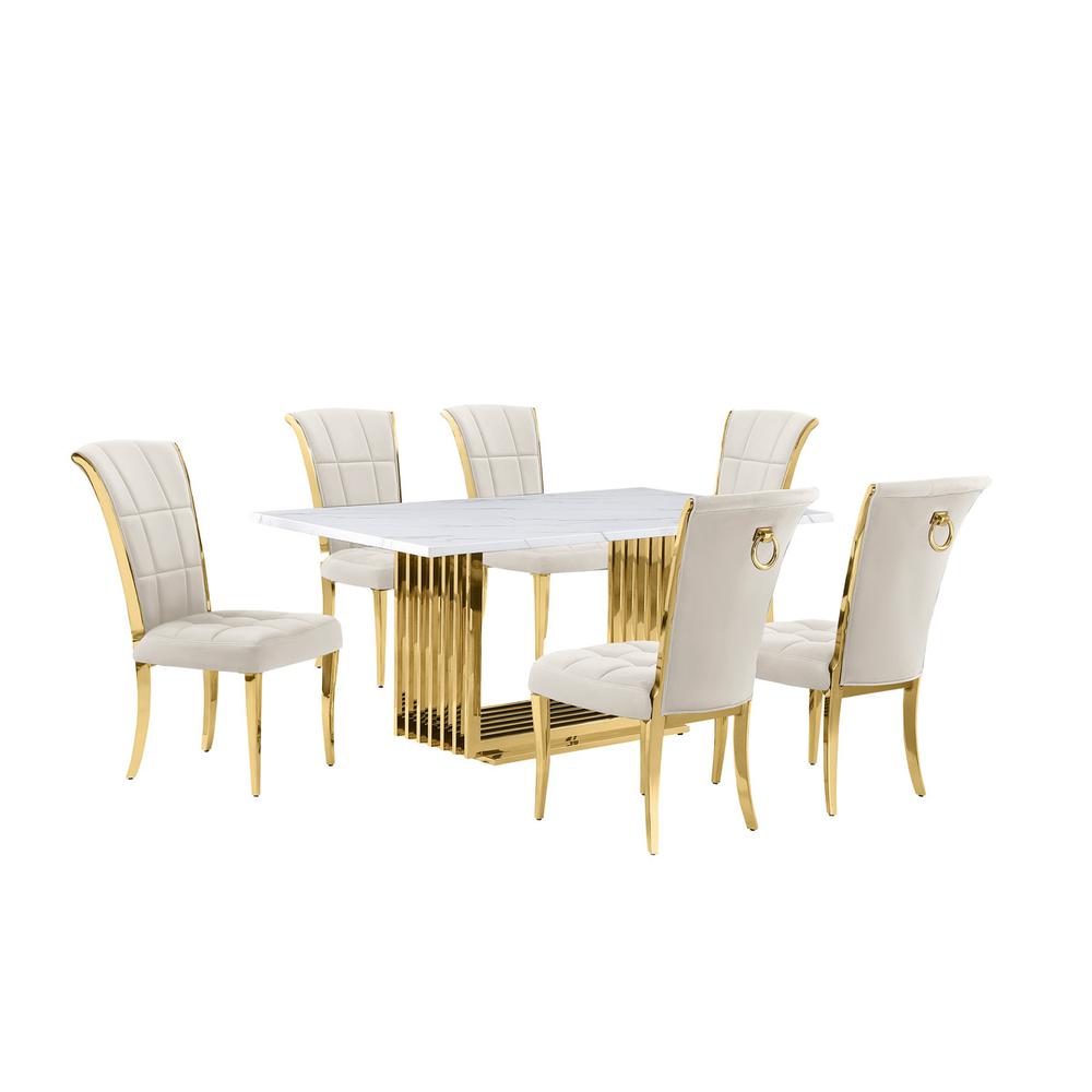 7pc Small(68") marble top dining set with gold base and 6 Cream side chairs. Picture 1
