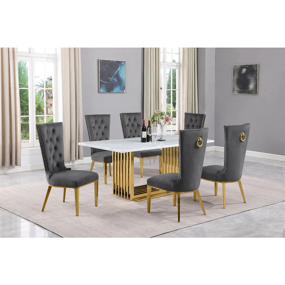 7pc Small(68") marble top dining set with gold base and 6 Dark grey side chairs. Picture 5