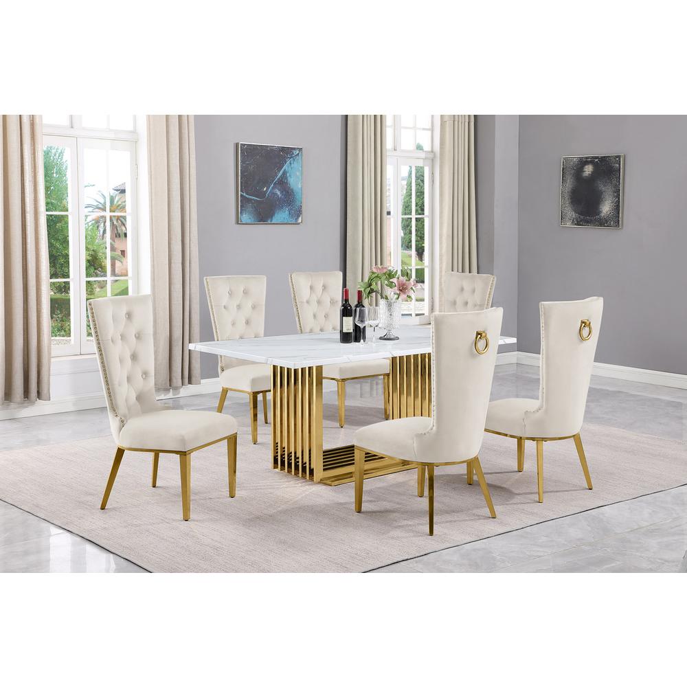 7pc Small(68") marble top dining set with gold base and 6 Cream side chairs. Picture 5